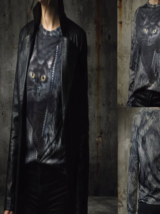 Tops - Long Sleeve Top | Illusion Black Cat & Faux Zipper Print